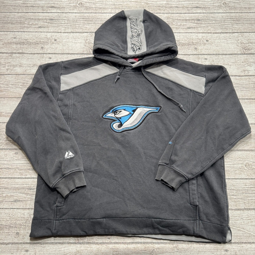 Vintage 90s Majestic Toronto Blue Jays Hoodie Mens 2XL Gray Waffle Knit Pullover